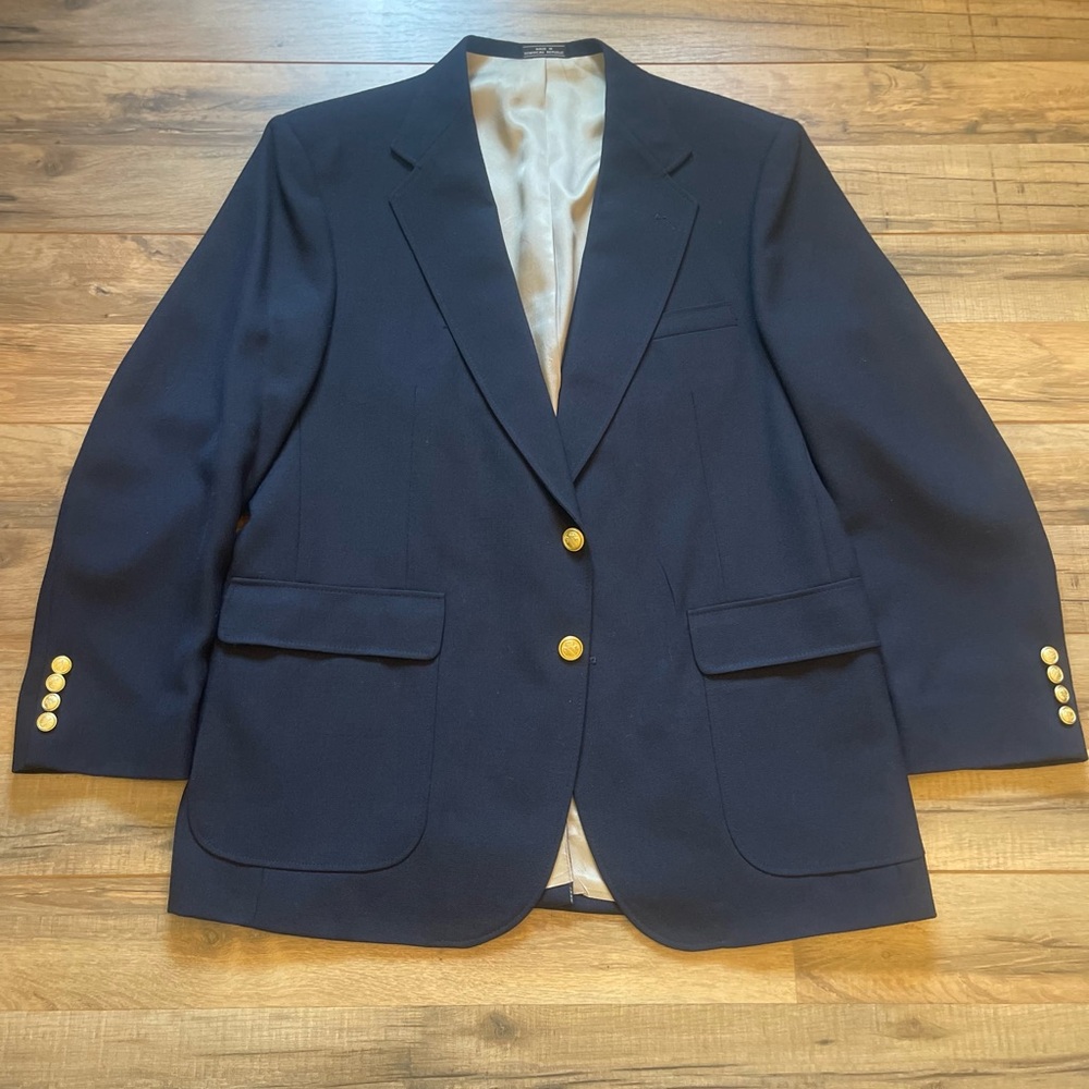 Stanley Blacker Sport Coat Mens 42  Blue Gold Button Worsted Wool Blend Blazer